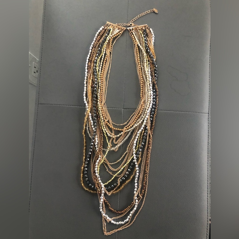 ALDO multi strand long metallic beads gold chains statement necklace 17 - 21.5”